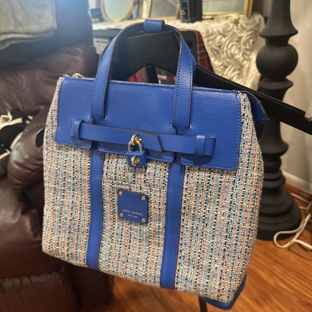 HENRI BENDEL Large Blue Leather Tweed Jetsetter Convertible Backpack Bag Preppy